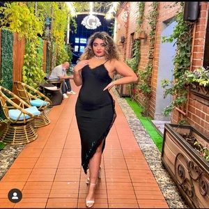 Black tight slip on dress with slit